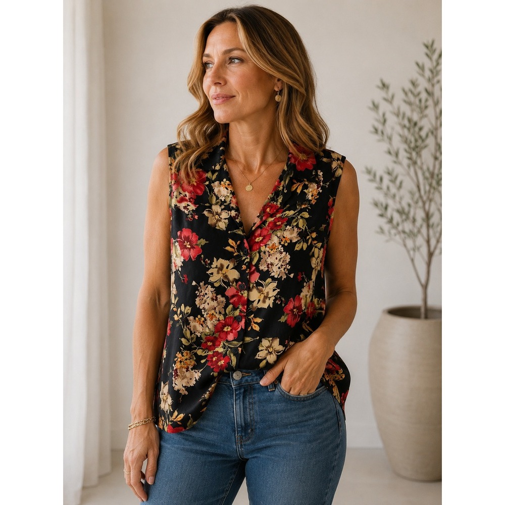 Vintage Tradition Floral Sleeveless Button Down Blouse Large Black Red Cream